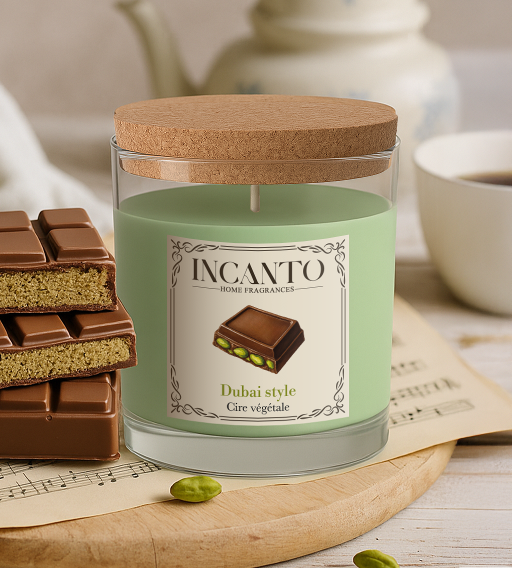 Bougie parfumée Dubaï Style pistache chocolat 130g – Collection Pâtissière INCANTO