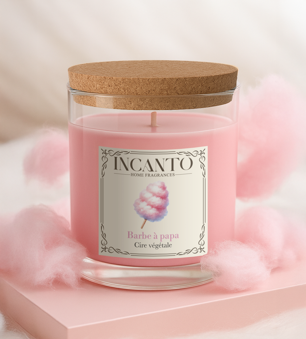 Bougie parfumée Barbe à Papa 130g cire de soja – Collection Pâtissière INCANTO