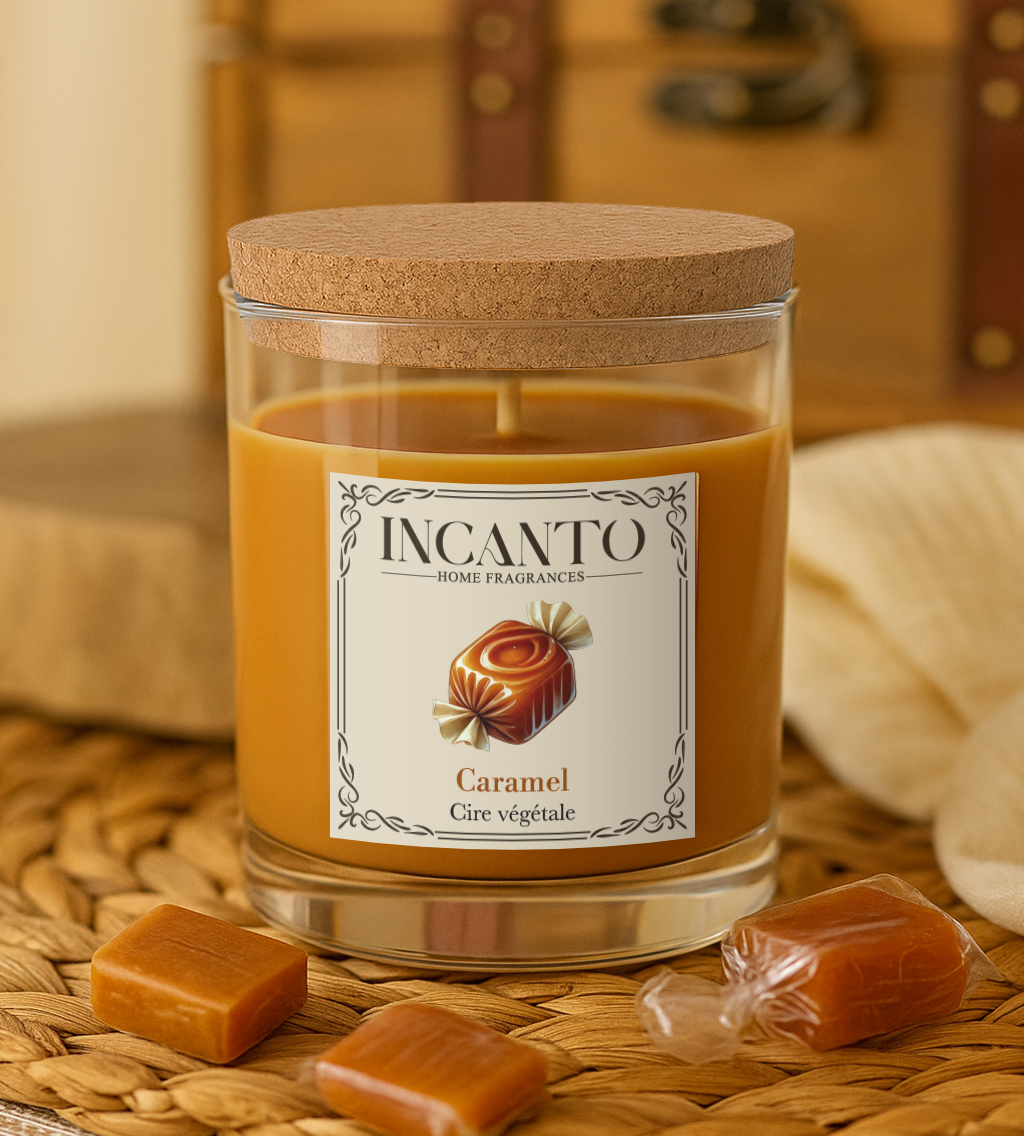 Bougie parfumée Caramel 130g cire de soja – Collection Pâtissière INCANTO