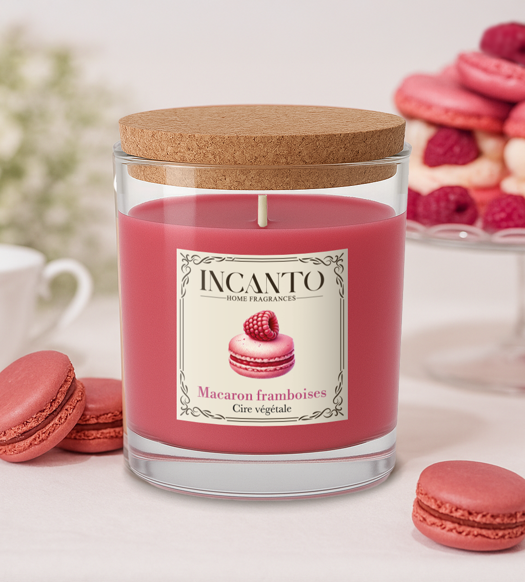 Bougie parfumée Macaron Framboise 130g cire de soja – Collection Pâtissière INCANTO