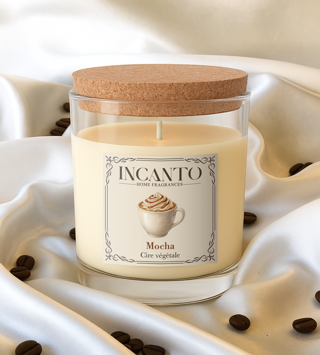 Bougie parfumée Mocha café chocolat 130g cire de soja – Collection Pâtissière INCANTO