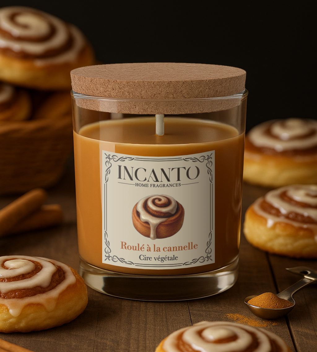 Bougie parfumée Roulé à la Cannelle 130g cire de soja – Collection Pâtissière INCANTO